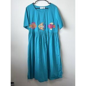 Vintage GJG Softly Teacher Dress Rainbow Fish Embroidered Size L 100% Cotton